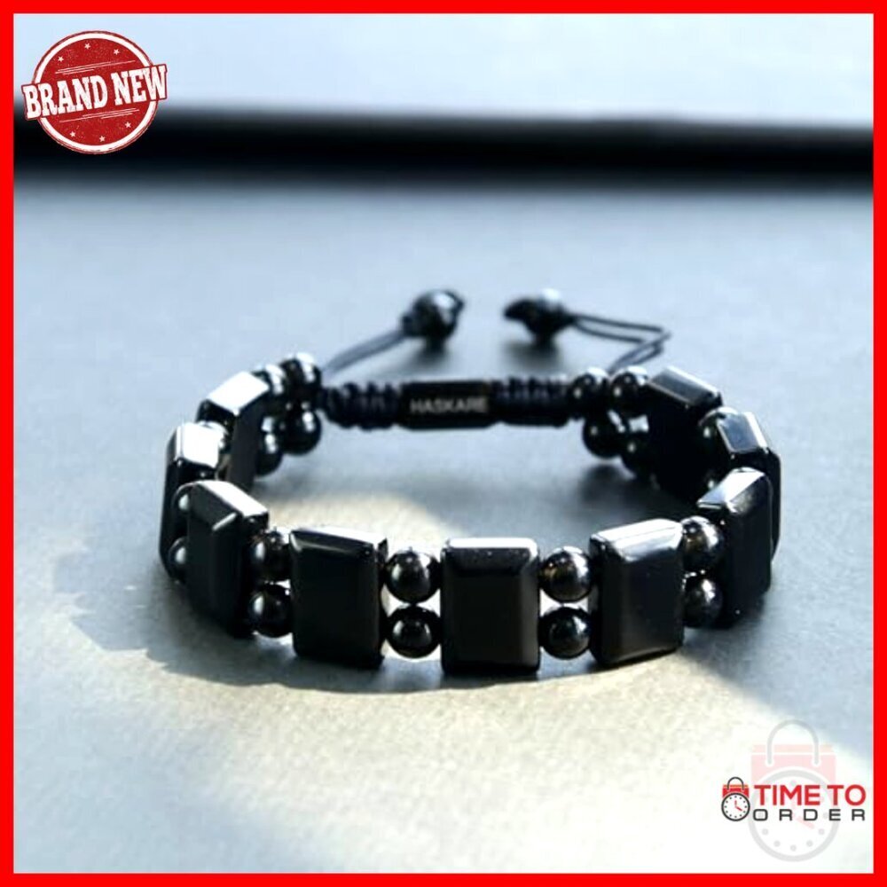 Men's Black Obsidian Beaded Bracelet Adjustable Drawstring Cord 8.2" - Picture 3 of 7